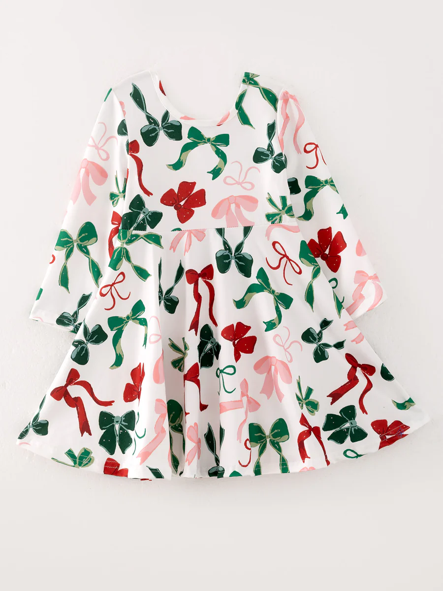 Girls Christmas Bow Print Dress
