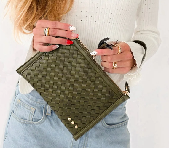 Veda Woven Crossbody & Clutch Bag- Olive