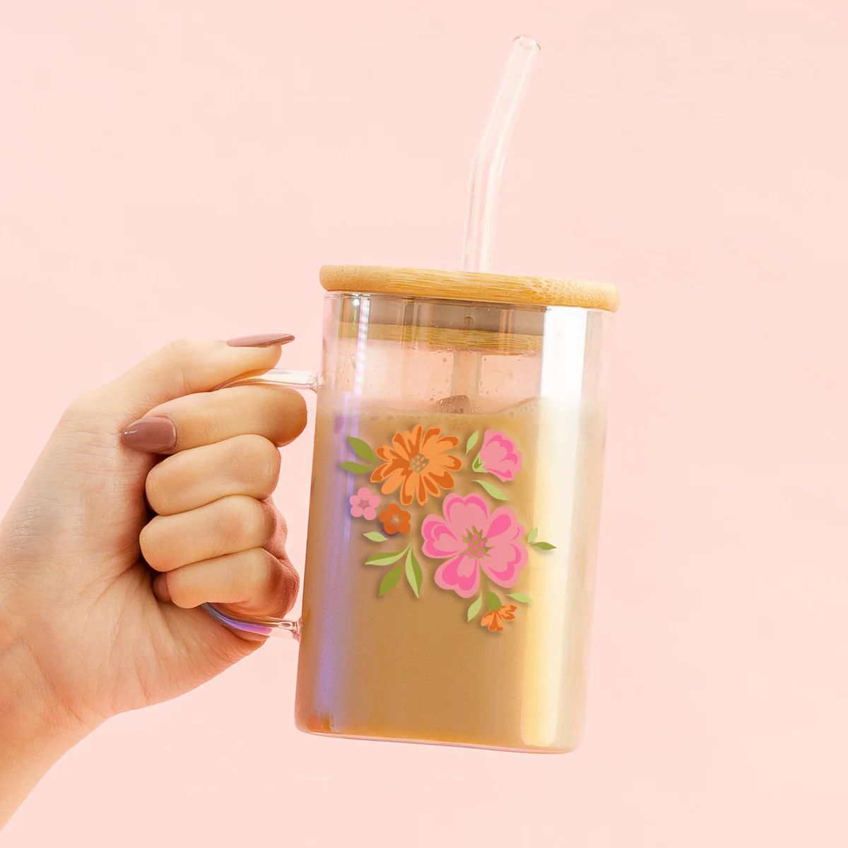 Dainty Floral Pink Square Glass Cup