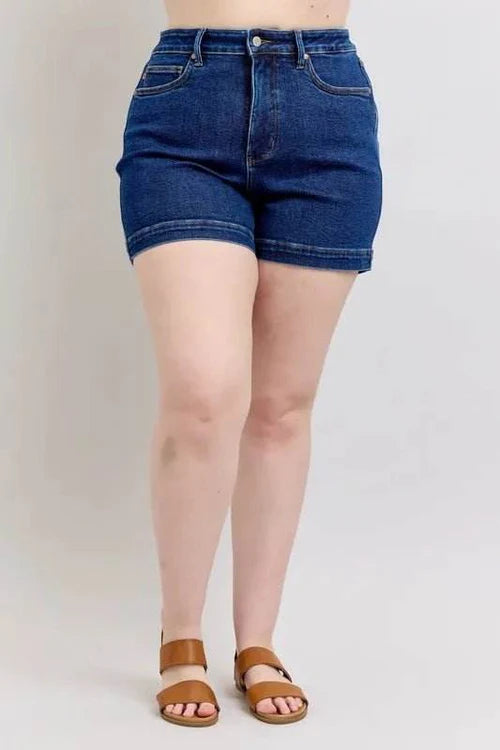 [Judy Blue] HW Tummy Control Shorts-Plus-Dark Wash