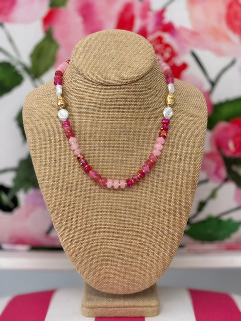 Brenna Beaded Pearl and Gold Necklace-Pink Mix