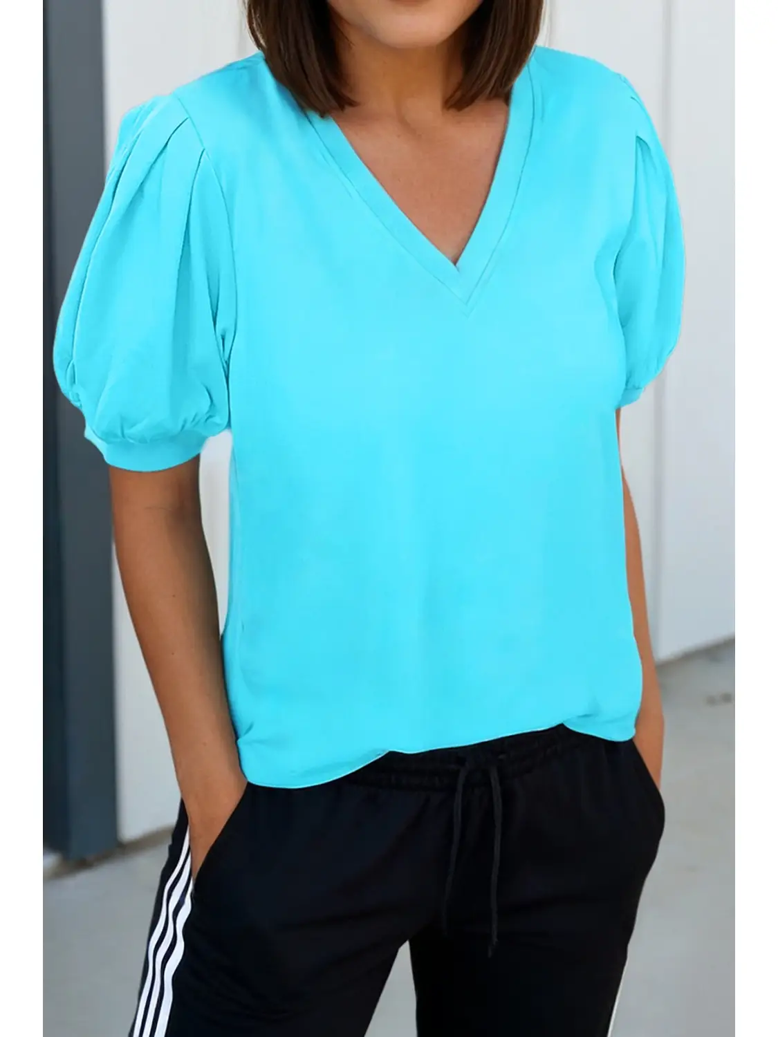 Everyday V-Neck Puff Sleeve Blouse-Blue