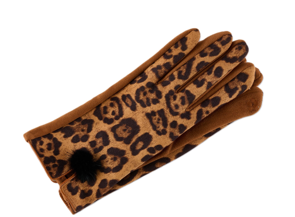 Gloves- Leopard Print With Fur Ball- Camel