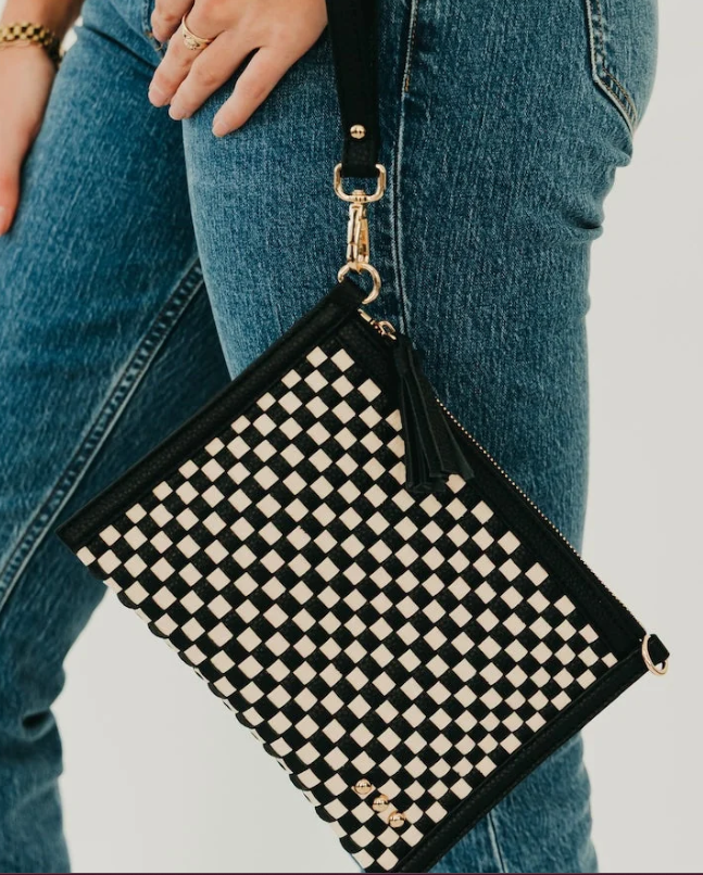 Veda Woven Crossbody & Clutch Bag- Checkered Black