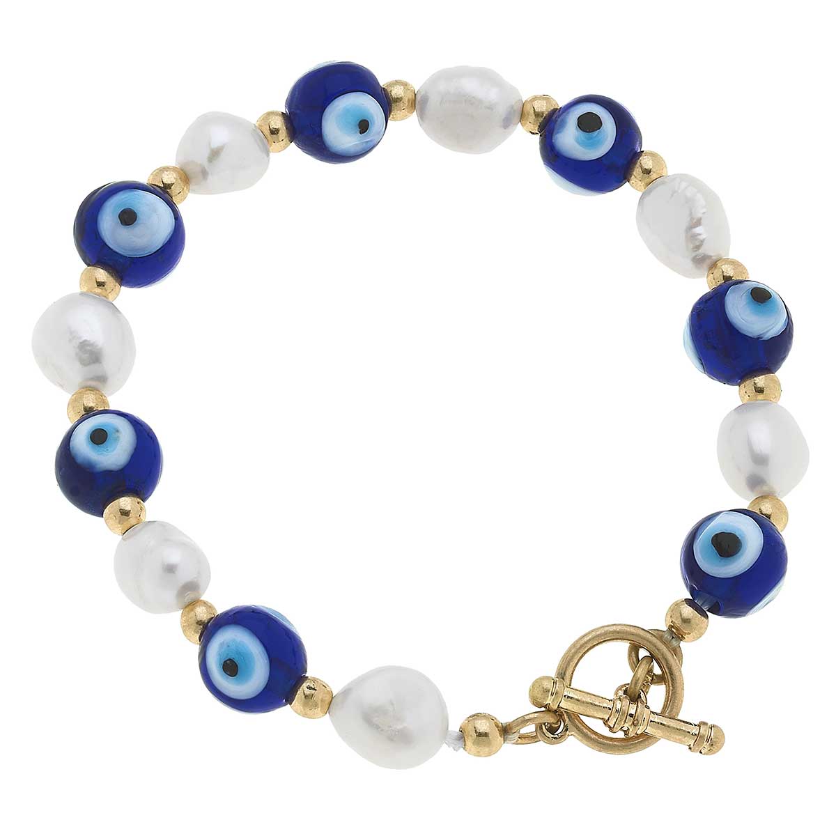 Murano Glass Evil Eye & Freshwater Pearl T-Bar Talisman Bracelet in Blue & White