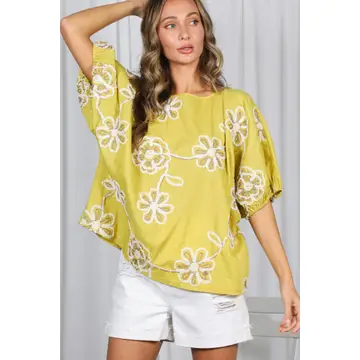 Floral Embroidered Top-Lime