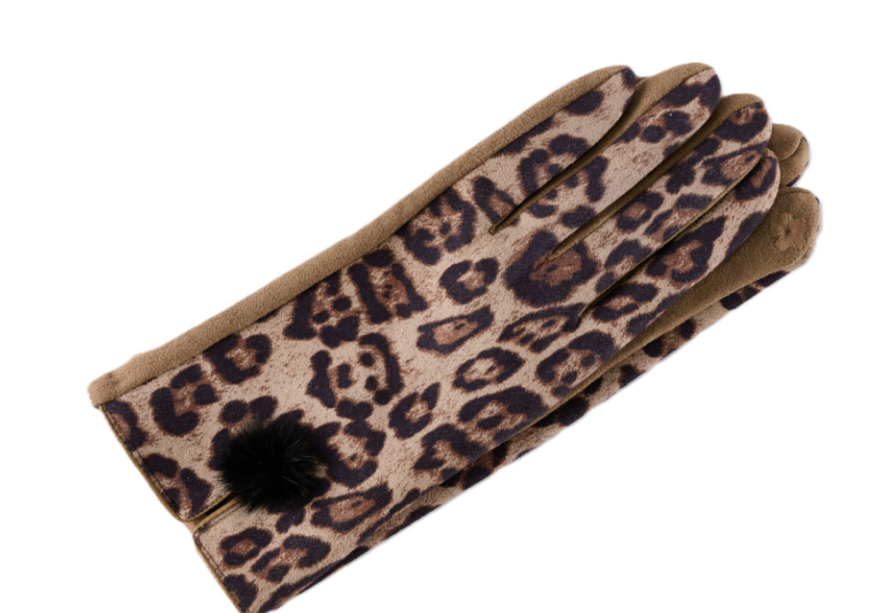 Gloves- Leopard Print With Fur Ball-Beige