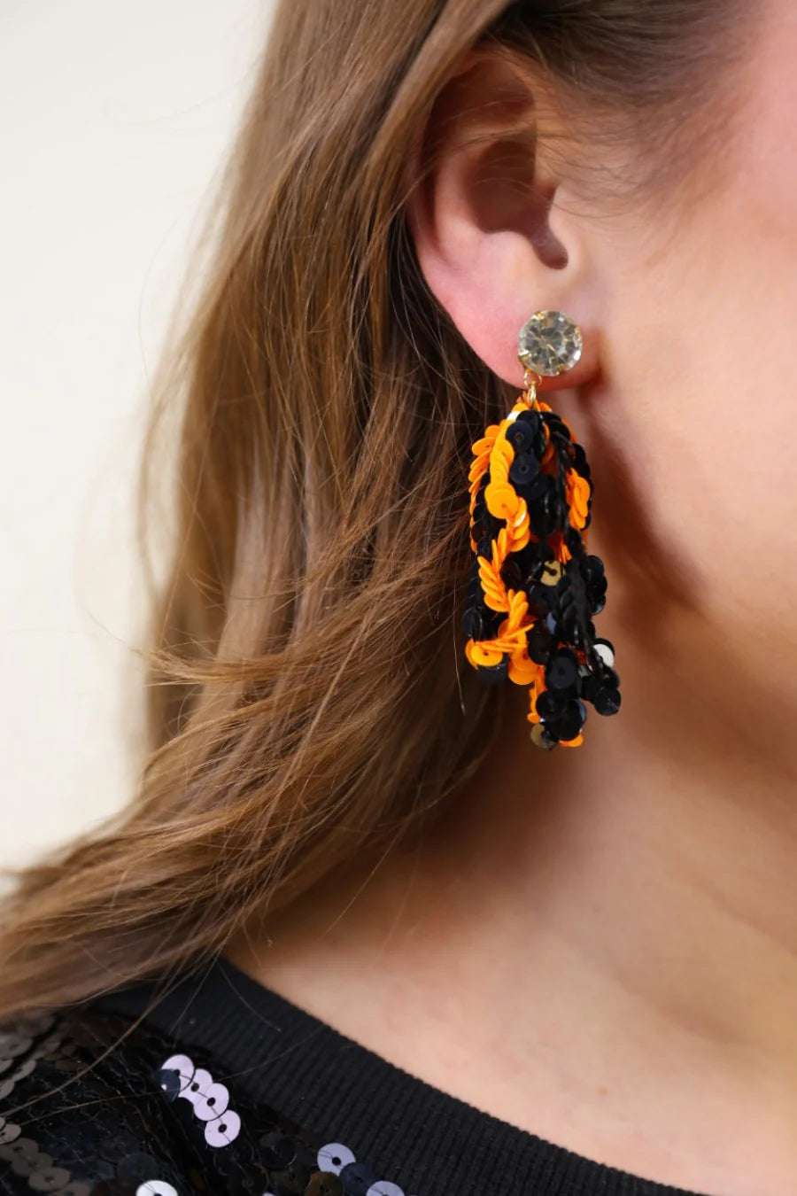 [Jess Lea] Spirit Sequin Fringe Earrings-Orange/Black