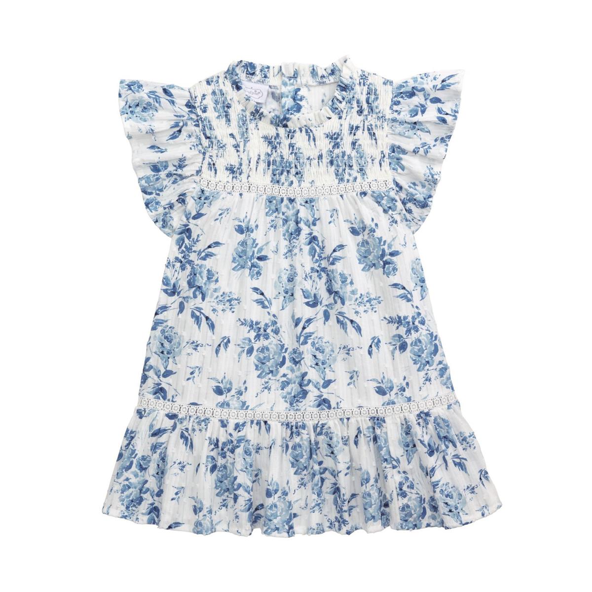 Blue Floral Smocked Dress-4T