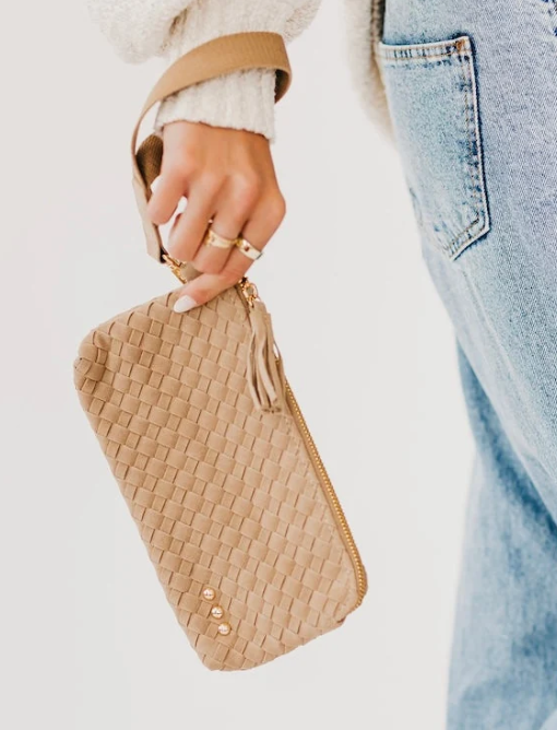 Suede Emma Woven Clutch Wristlet- Taupe