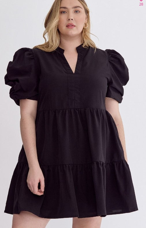 [entro] Puff Sleeve Tiered Dress-Black [Plus]