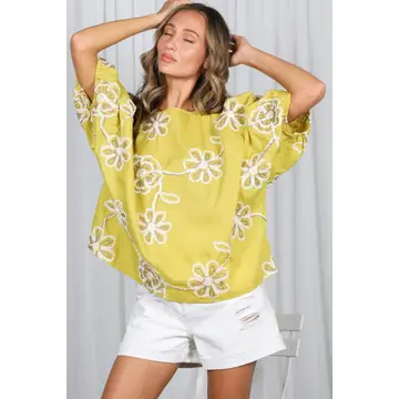 Floral Embroidered Top-Lime
