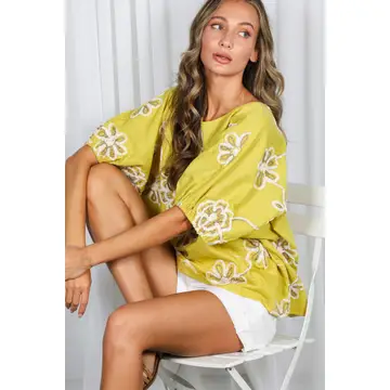 Floral Embroidered Top-Lime