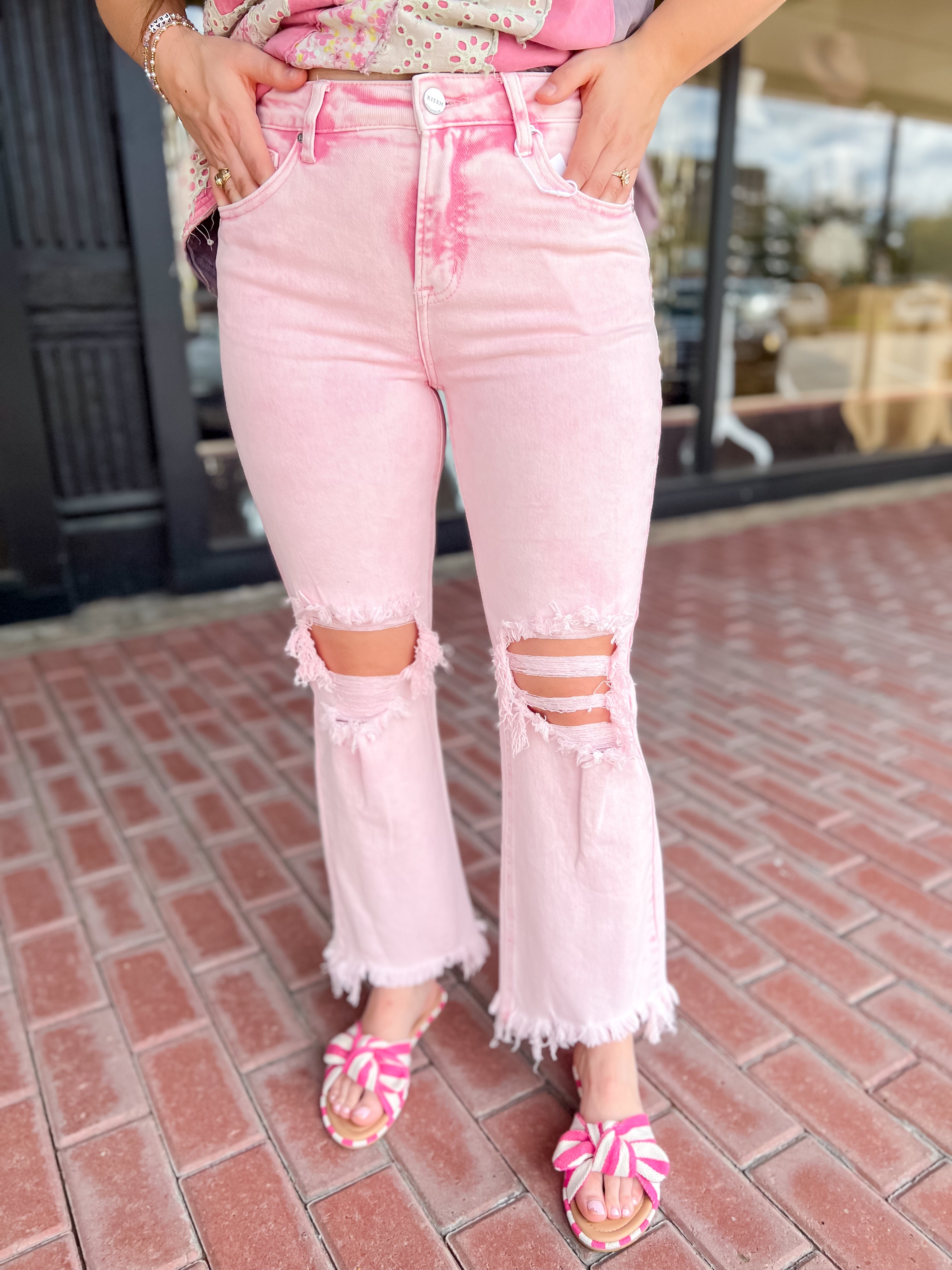[Risen] High Rise  Distressed  Knee Straight Pink Jean
