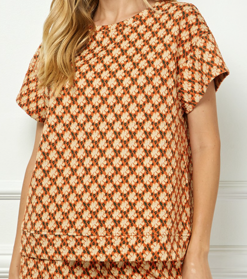 Jacquard Short Sleeve Top-Rust