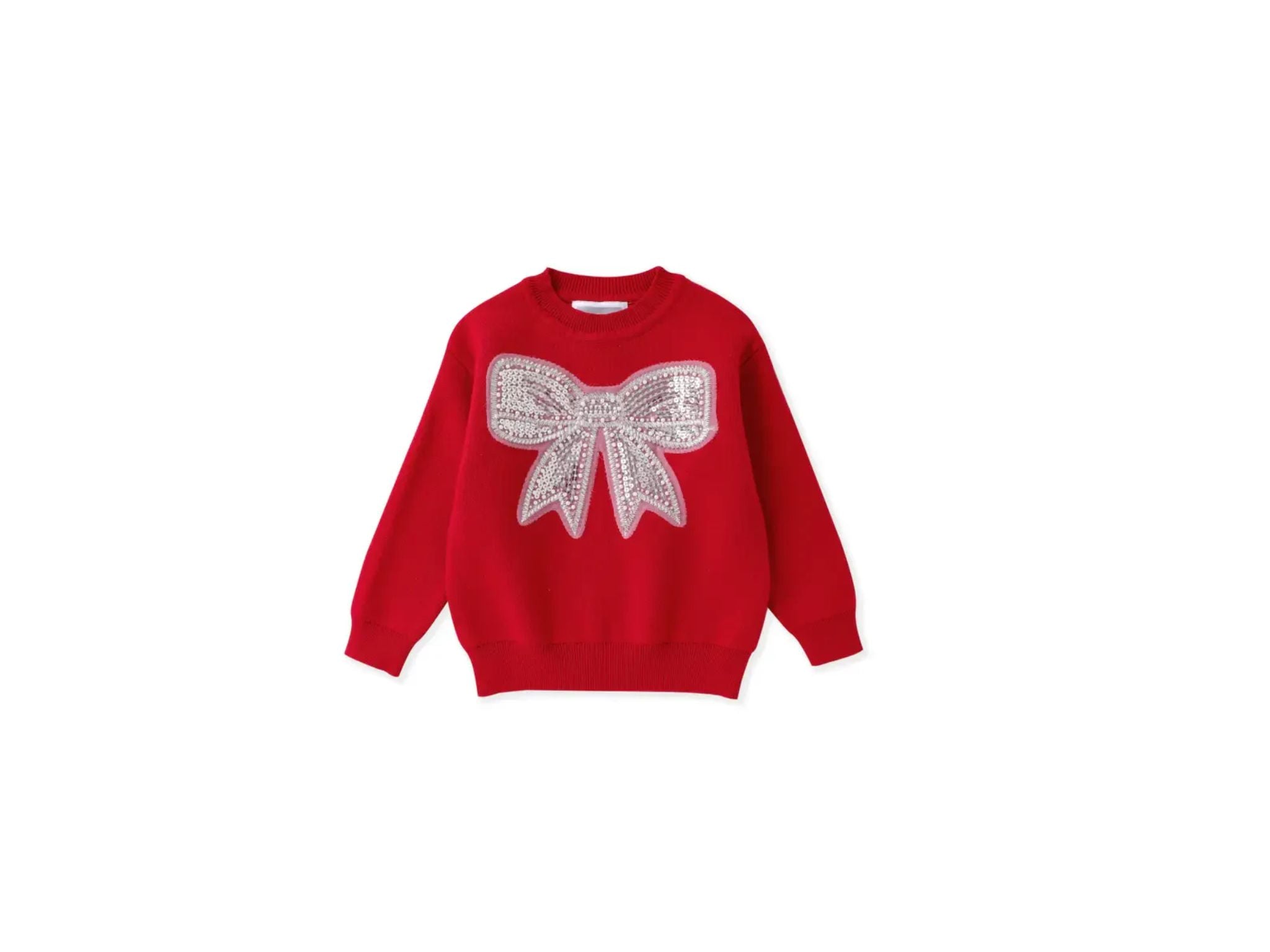 Girls Red Bow Sparkle Christmas Sweater
