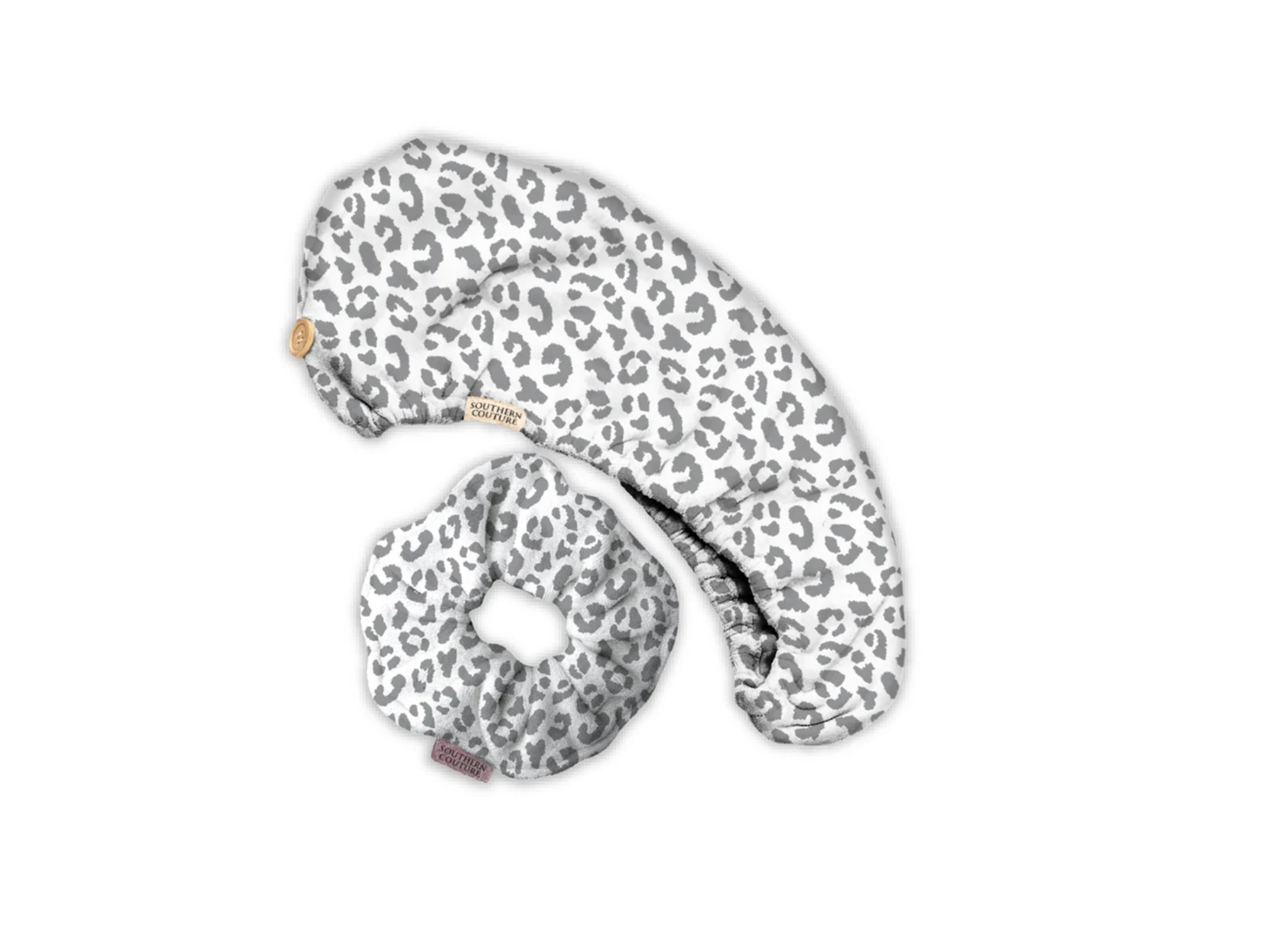 Southern Couture Hair  Towel Wrap Scrunchie Set- Grey Leopard