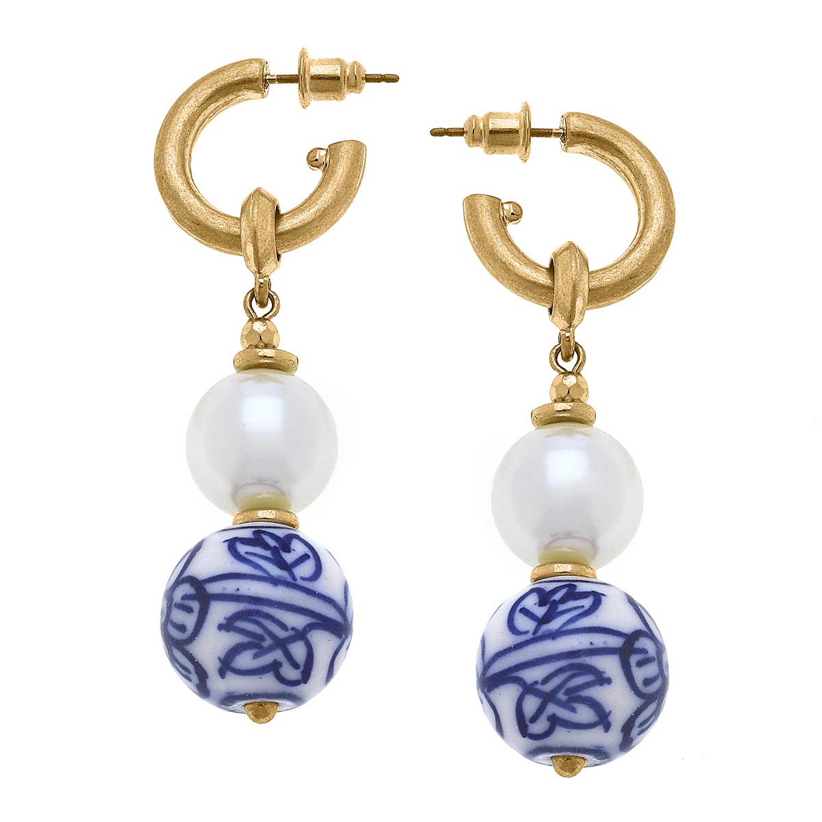 Margaret Chinoiserie & Pearl Drop Hoop Earrings in Blue & White