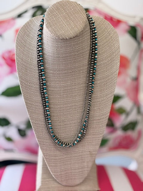 Western Layered Turquoise and Silver Colored Necklace 30"