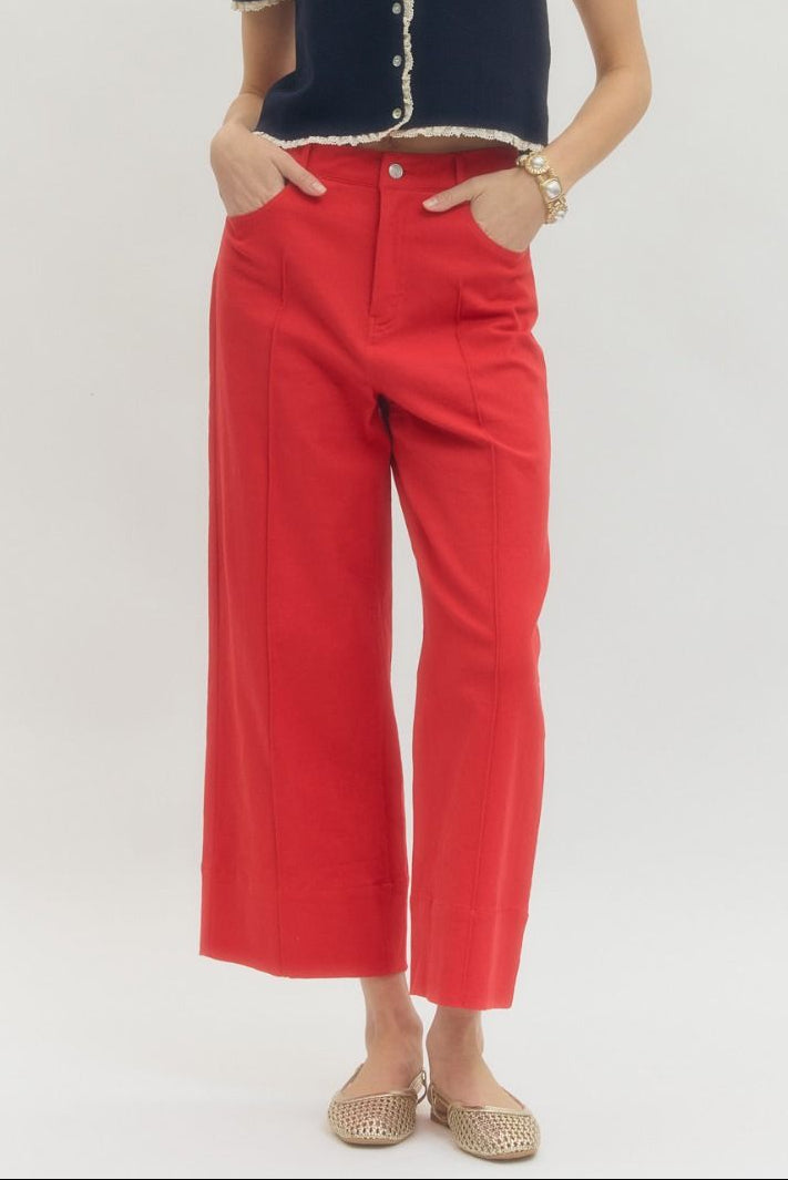 Cropped Denim Pants-Red