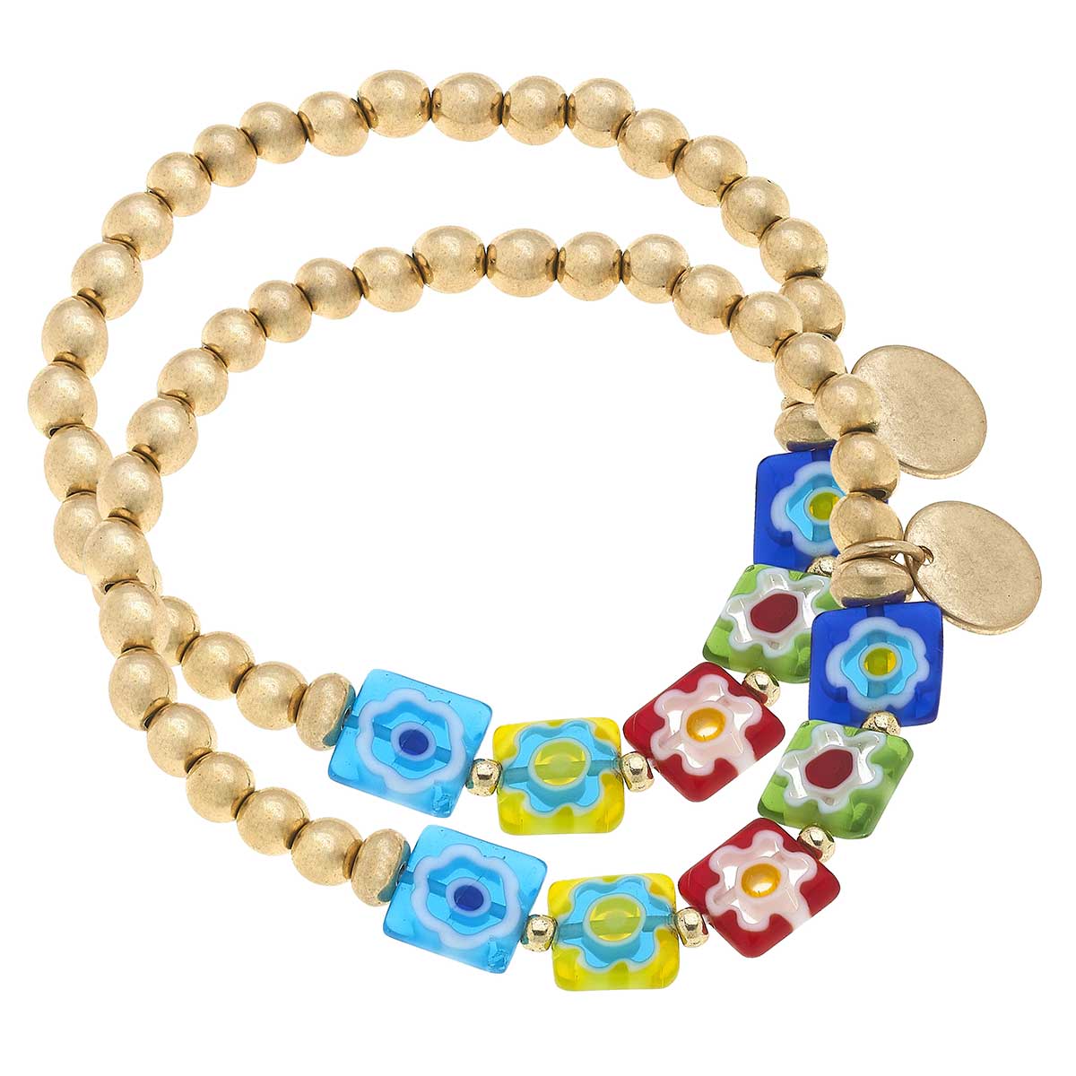 Millefiori Glass & Ball Bead Layered Stretch Bracelets in Multi