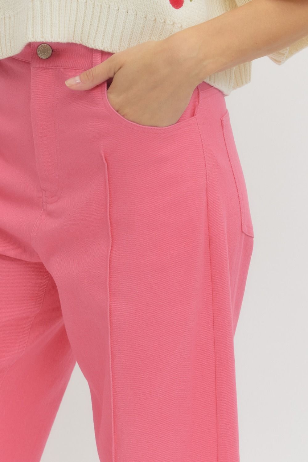 Cropped Denim Pants-Pink
