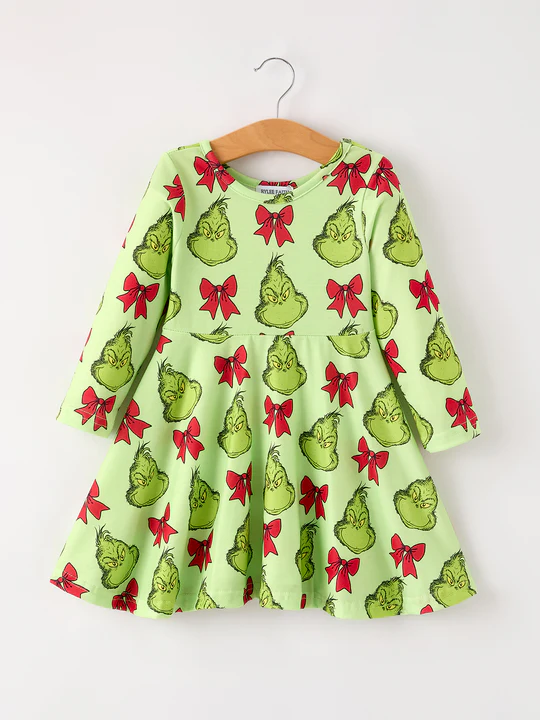 Girls Christmas Tree Bow Character Print Green