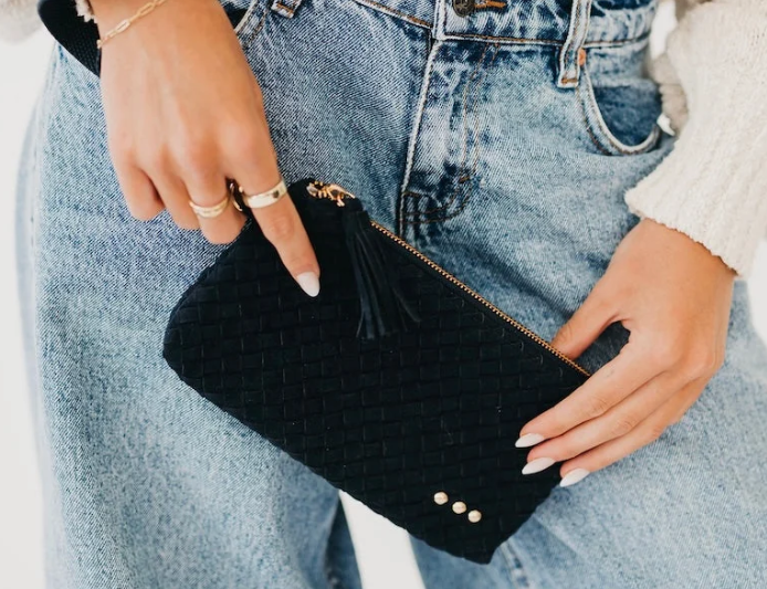 Suede Emma Woven Clutch Wristlet- Navy