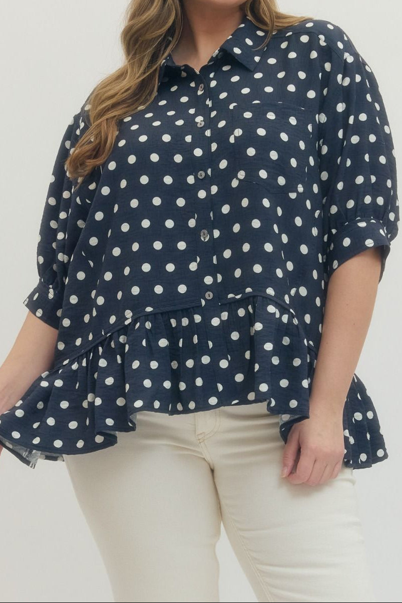 [Plus Size] Delaney Polka Dot Blouse - Navy