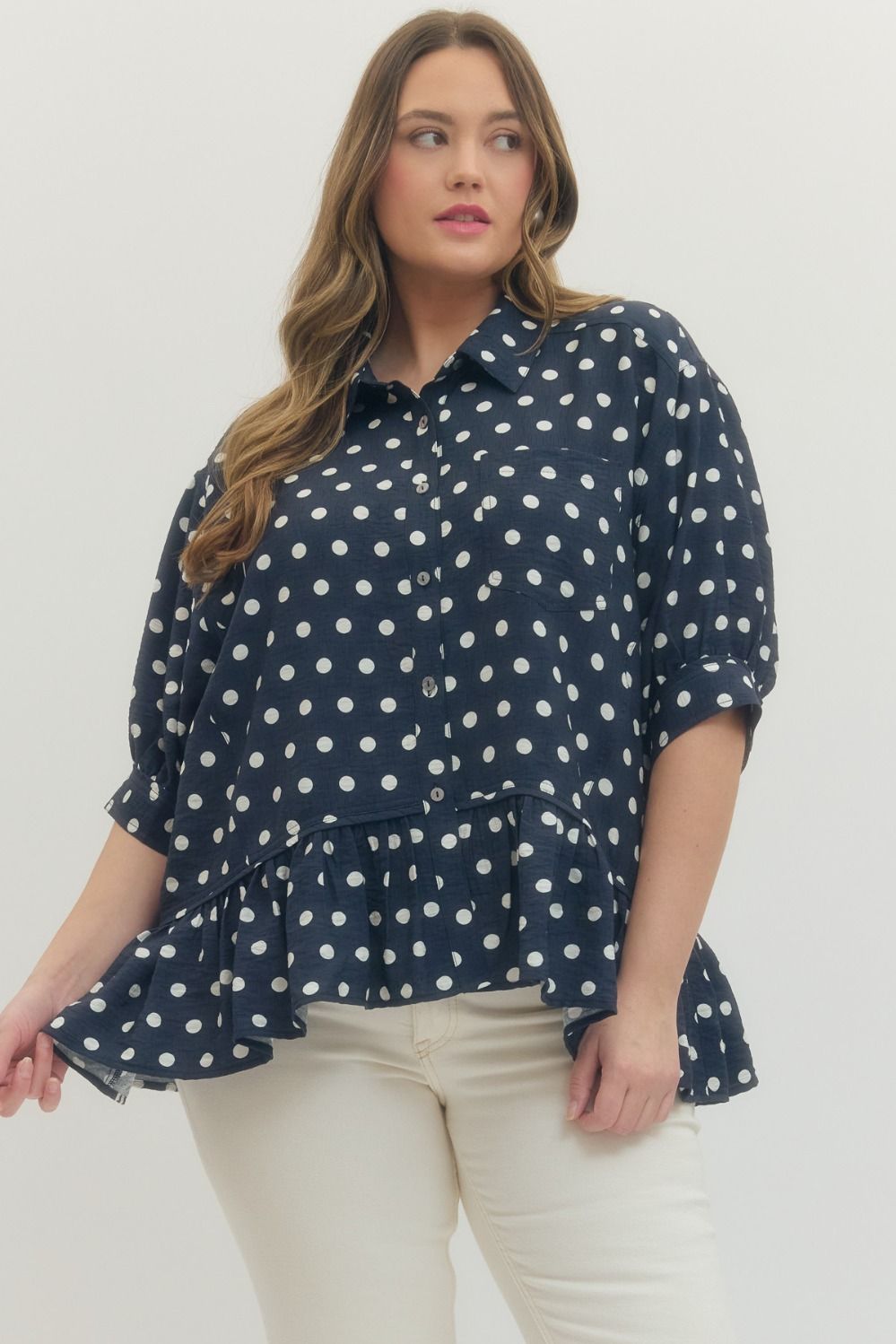 [Plus Size] Delaney Polka Dot Blouse - Navy