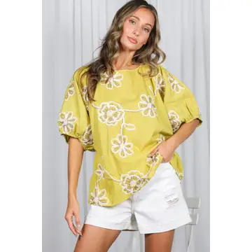 Floral Embroidered Top-Lime