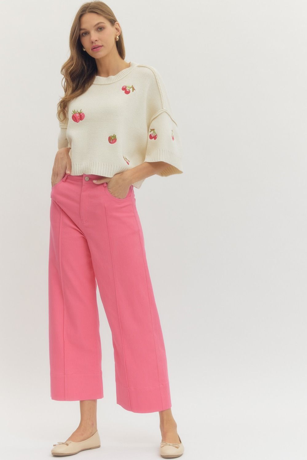 Cropped Denim Pants-Pink