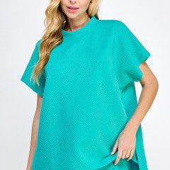 Textured Drop Shoulder with collar  Top-Turquoise
