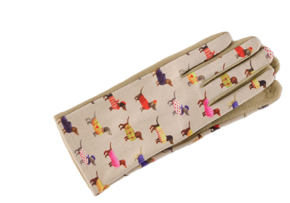 Gloves-Doxin Dog Pattern Fleece Lined-Tan