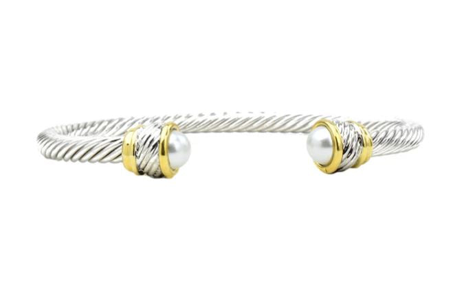 Two Tone Twisted Cable Bracelet w/ Pearl