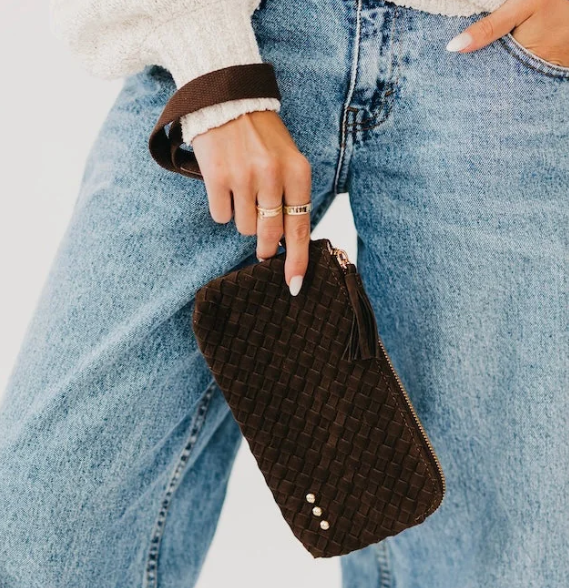 Suede Emma Woven Clutch Wristlet- Chocolate