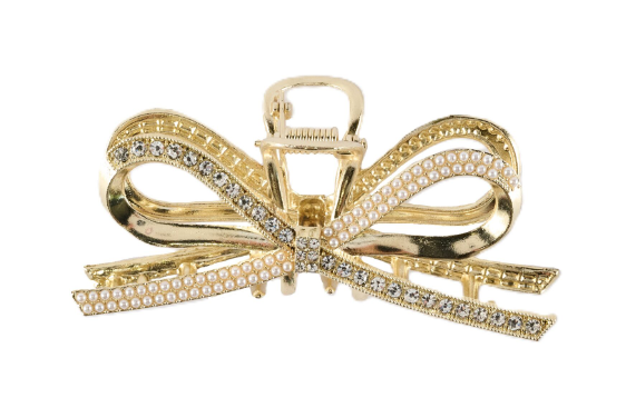 Rhinestone and Pearl Bow Hair Clip