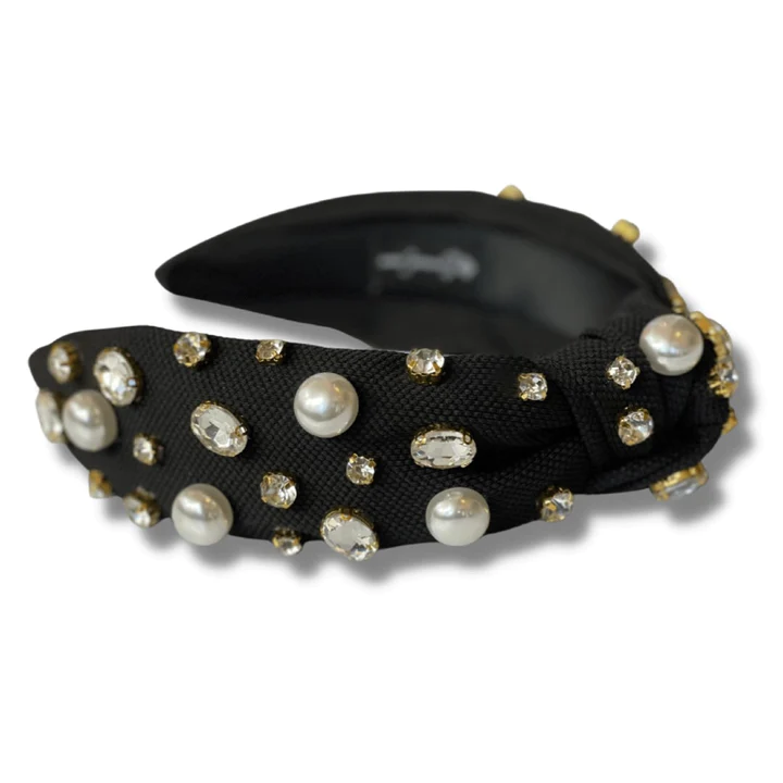 [Brianna Cannon] Black Twill Headband-Pearls/Crystals