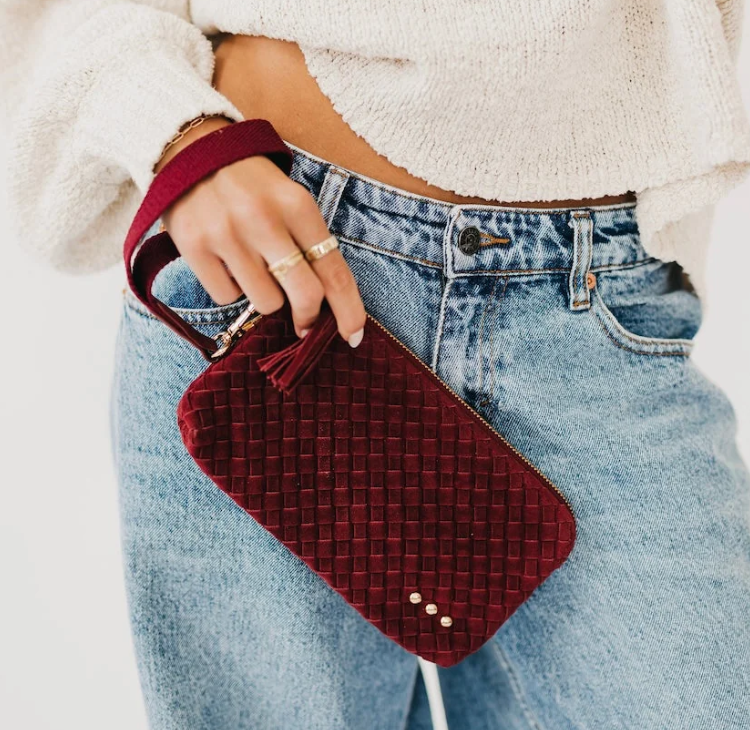 Suede Emma Woven Clutch Wristlet- Burgundy