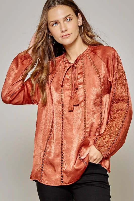 Satin Blouse w/ Embroidered Details