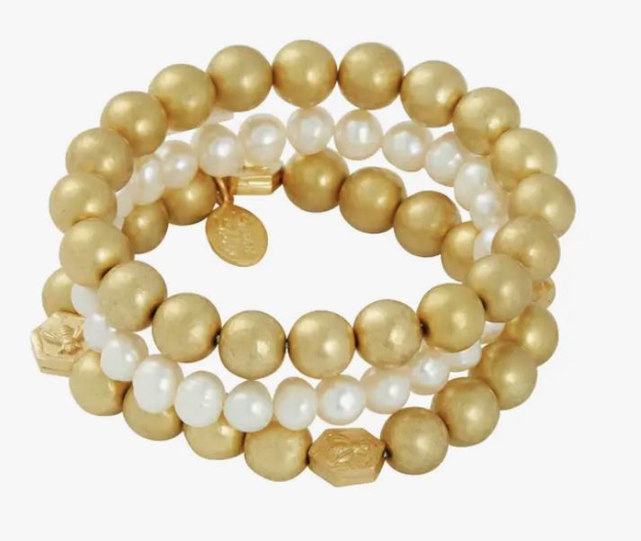 Gold Bead + Freshwater Pearl Stack Bracelets (Bee)