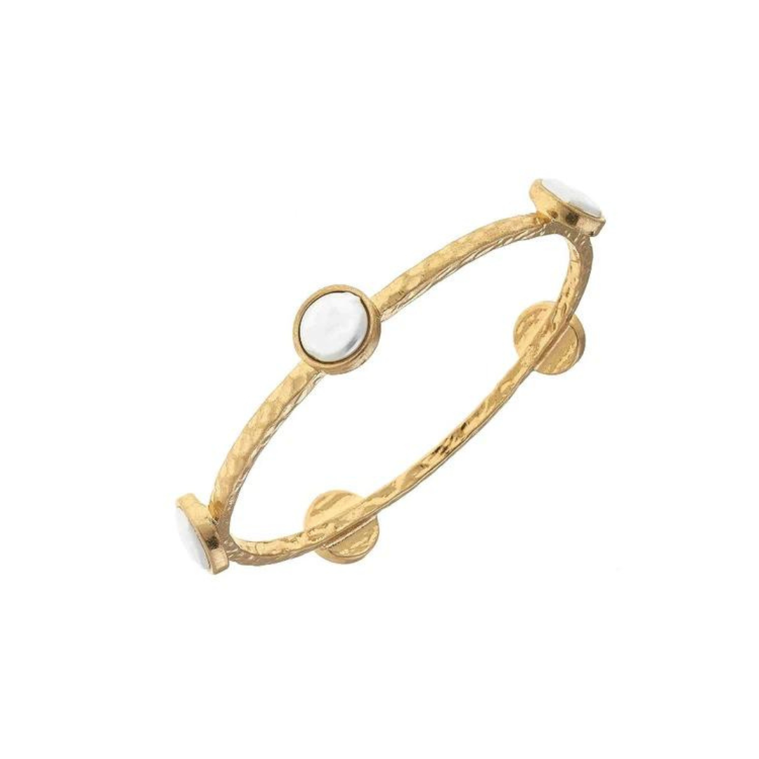 Claudia Coin Pearl Bangle in Worn Gold