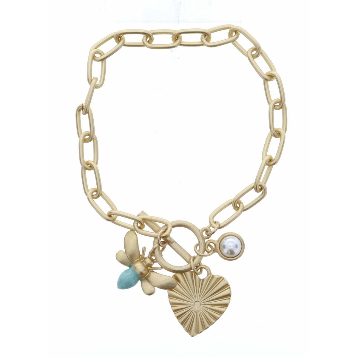 Mint Bee Textured Heart Cabochon Pearl Bracelet