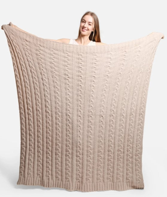Beige Braided Cable Knit Throw Blanket