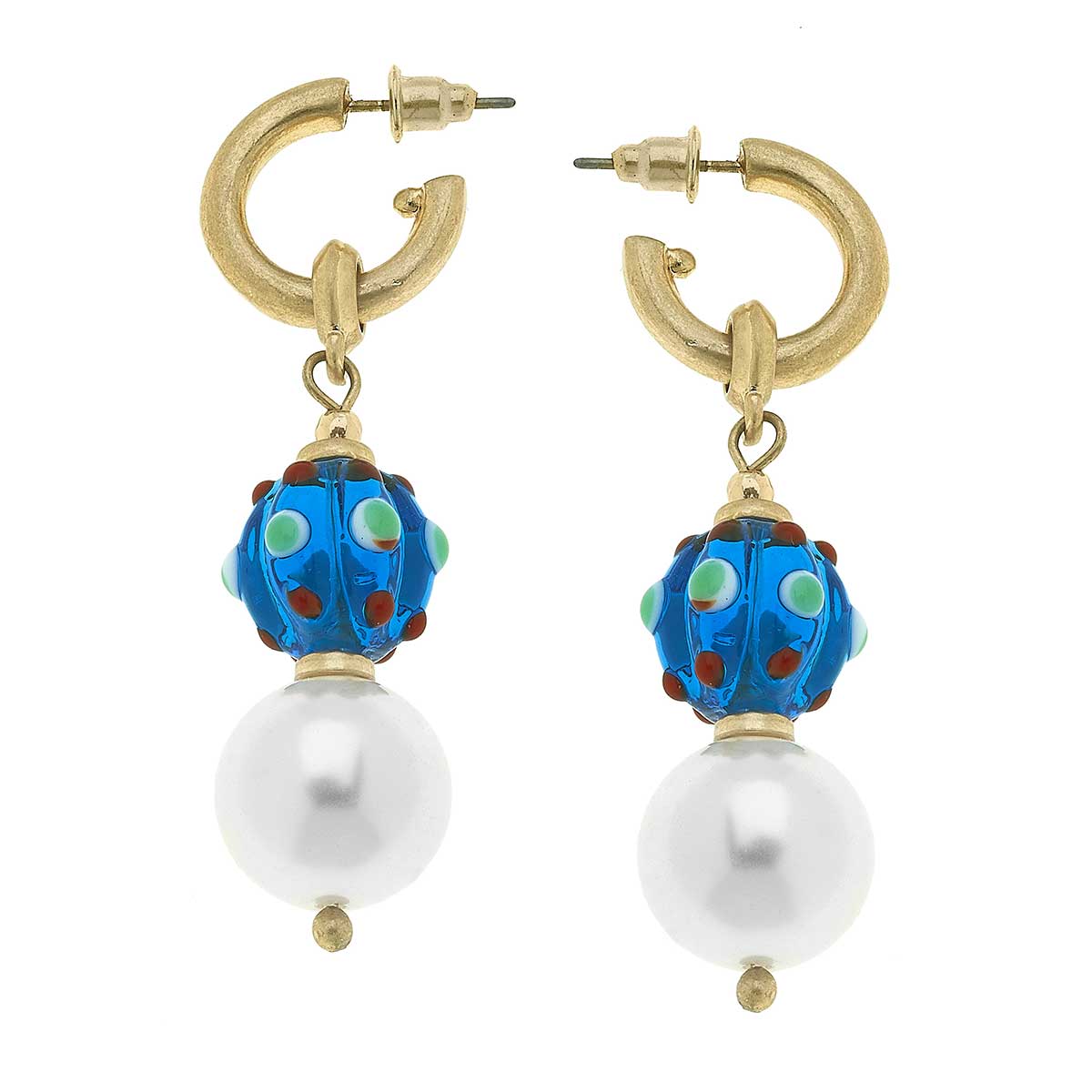 Lampwork Glass Bead & Pearl Drop Hoop Earrings in Blue