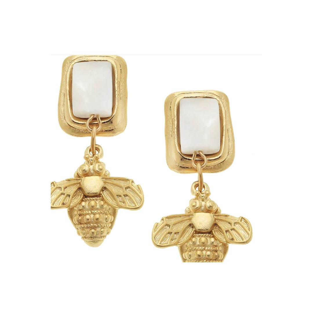 Gold Bee and Genuine Mother of Pearl Earrings